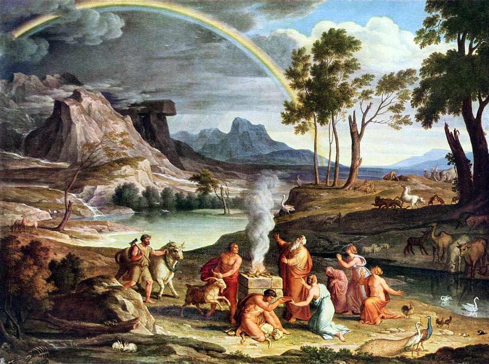 Noah's Thanksoffering (c.1803) by Joseph Anton Koch. Noah builds an altar to the Lord after being delivered from the Flood; God sends the rainbow as a sign of His covenant.